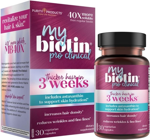 [BRSRABQHAVYROC3P] Purity Products MyBiotin ProClinical – Thicker Hair Starting in 3 Weeks & Fights Wrinkles - MB40X Patented Biotin Matrix w/Astaxanthin - 40X More Soluble vs Ordinary Biotin 30 Veg Cap