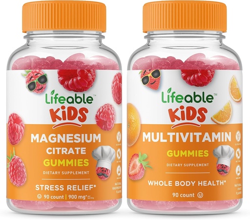 [BRSROZI3CIBBQDLA] Lifeable Magnesium Kids + Multivitamin Kids, Gummies Bundle - Great Tasting, Vitamin Supplement, Gluten Free, GMO Free, Chewable Gummy