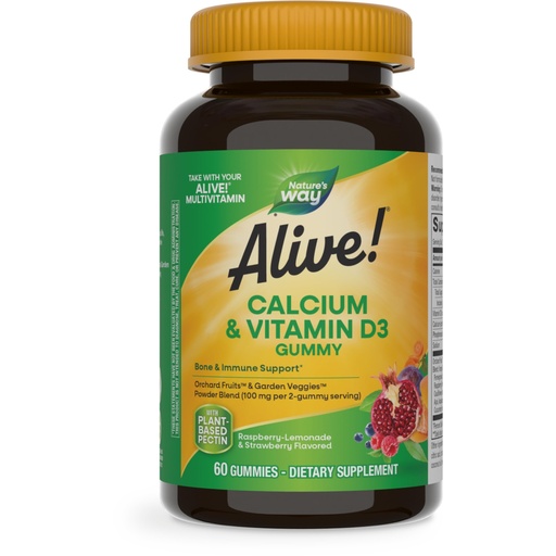 [BRSWIG3ZCUMQ4GA3] Nature's Way Alive! Chewable Calcium Gummies with Vitamin D3, Daily Supplement Supports Healthy Bones and Teeth, and Muscle Function*, Strawberry and Raspberry-Lemonade Flavored, 60 Gummies