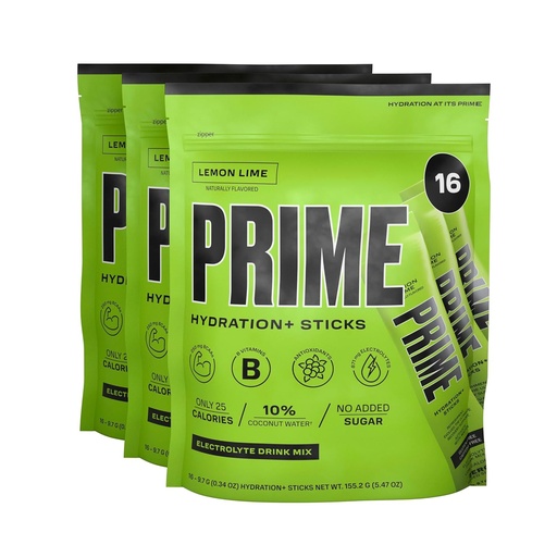 [BRSROFIKCMPGYG3K] PRIME HYDRATION+ Sticks Lemon Lime | Hydration Powder Single Serve Sticks | Electrolyte Powder On The Go | Low Sugar | Caffeine-Free | Vegan | 48 Sticks