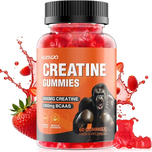 [BRSRAGQKDMPBY2A7] HOOLOO Creatine Gummies 5000mg Creatine Monohydrate, 1000mg BCAAs per Serving - Chewable Vegan Sugar Free Gummies, Strawberry Flavour (1 Month Supply)