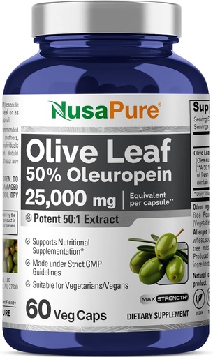 [BRSRAFAZCV5QYELO] NusaPure 橄榄叶 50:1 提取物,500 mg 等重至 25 000 mg - 50% Oleuropein Vegan/Vegetarian - 超强无油 60 Capsules