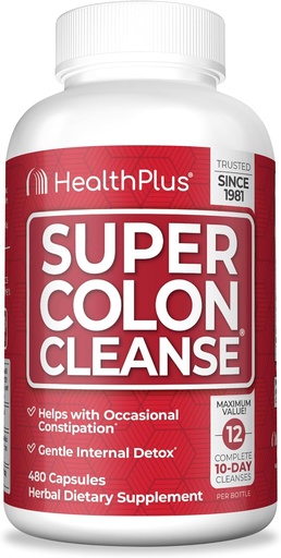 [BRSWIYQTCEIR4A3K] Health Plus Super Colon Cleanse 120 Day Supply of Gentle Gut Cleanse Detox, Psyllium Husk, Probiotics for Constipation Relief " Digestive Support, 480 Capsules