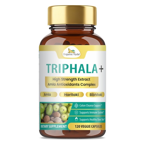 [BRSWYBLYCECB4EI2] Organic Veda Triphala + Capsules - 20 X Concentrated Amla Juice Extract, Haritaki & Bibhitaki - Colon Cleanse, Digestive & Immune Health - Organic Triphala Supplement with Vitamin C, 120 Capsules