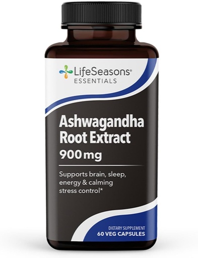 [BRSRMAIQAANWOCDX] LifeSeasons Essentials Ashwagandha - Стрес та підтримка сну Supplement - Calm & Focused Mind - Покращує Атлетична продуктивність & Brain Функція - 900mg на 2 Капсули - 60 Капсули