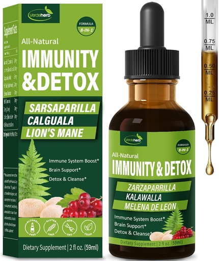 [BRSROCT5CMFWECI2] Sarsaparilla & Kalawalla Root (Polypodium Leucotomos) Immunity & Detox Drops, Natural Herbal Immune Support Formula w/Lion's Mane. Gotas de Zarzaparrilla, Cardo Mariano y Melena. 2oz