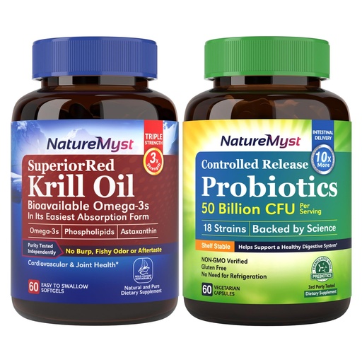 [BRSRABQ5CEAW2E3B] Krill Oil and Probiotics 50 Billion Bundle, Professional Grade, Non-GMO, Heart, Joint, Gut Function & Immune Support