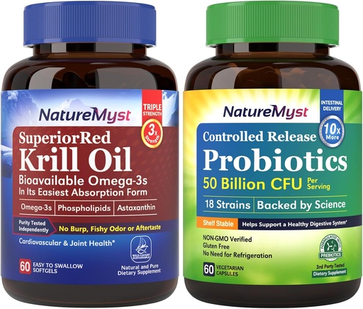 [BRSRABQ5CEAW2E3B] Krill Oil and Probiotics 50 Billion Bundle, Professional Grade, Non-GMO, Heart, Joint, Gut Function & Immune Support