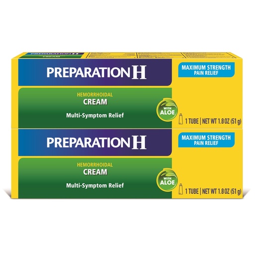 [BRSWGEILB4FBEC3L] Preparation H Hemorrhoid Symptom Treatment Cream (2 x 1.8 Ounce Tube), Maximum Strength Multi-Symptom Pain Relief with Aloe