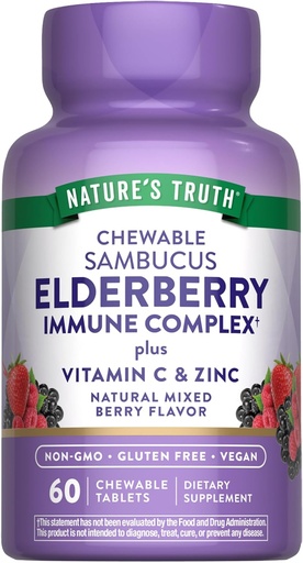 [BRSWYFD3CIBG22DB] Nature's Truth Elderberry Immune Complex | 60 Chewable Tablets | Plus Vitamin C & Zinc | Mixed Berry | Vegan, Non-GMO, & Gluten Free Supplement