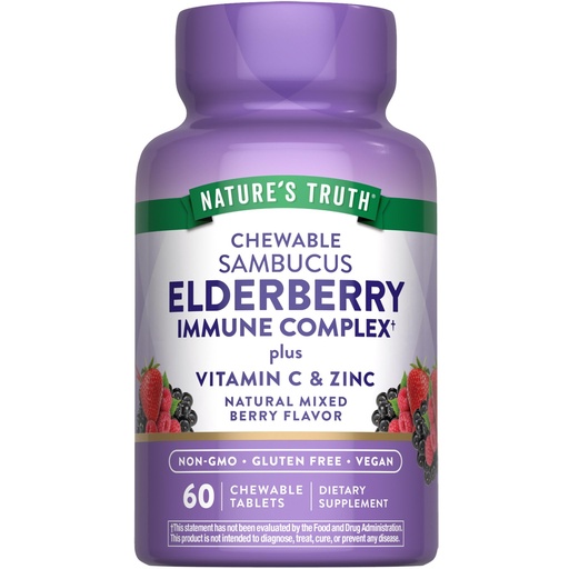 [BRSWYFD3CIBG22DB] Nature's Truth Elderberry Immune Complex | 60 Chewable Tablets | Plus Vitamin C & Zinc | Mixed Berry | Vegan, Non-GMO, & Gluten Free Supplement