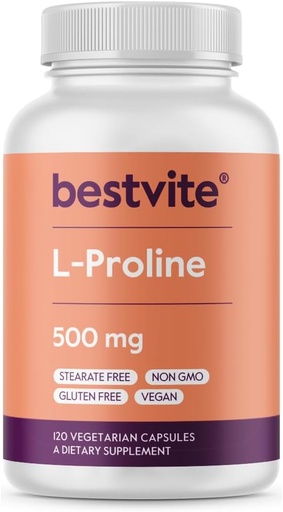[BRSWIZIOO54AAHLY] BESTVITE L-Proline 500mg (120 Vegetariska kapslar) - Inga Stearates - Inga fillers - Vegan - Glutenfri - Icke GMO