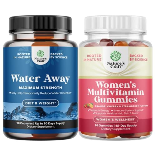 [BRSROCTQAAARSFLF] Bundle of Water Away Pills - Fluid Retention Supplement with Dandelion Leaf Extract for Bloating Relief - Capsules for Leg & Feet Swelling and Women's Multivitamin Gummies for Adults Energy & Immunity