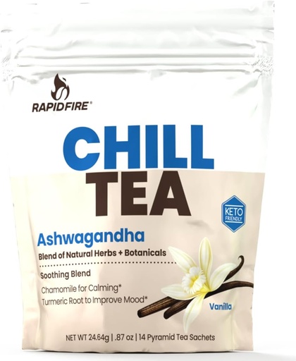 [BRSRMC3QB4PBYFY4] Chill Tea, Soothing Blend, Promotes Relaxation, with Ashwagandha, Chamomile, Turmeric, Stress Relief Tea, Caffeine Free, 14 Tea Bags, 14 Servings