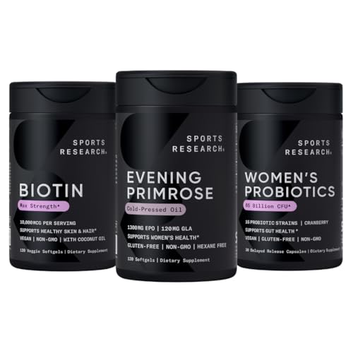 [BRSRAHQZPIFQIEL2] Sports Research® Women's Supplement Pack - Evening Primrose Supplement from Cold Pressed Oil, Vegan Biotin 10,000mcg with Coconut Oil & Women's Probiotics with Prebiotics, 65 Billion CFU