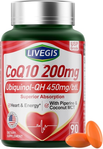 [BRSRAGL2AACGGE3B] CoQ10 200mg Softgels, Ultra CoQ10 Ubiquinone 200mgCon aceite de MCT de coco, 5X Absorción superior, Coenzima Q10 Suplemento para la salud cardíaca & energía - 90 Condes