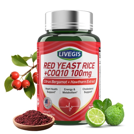 [BRSRAGL2AACGGE3B] Red Yeast Rice 2000mg with CoQ10 100mg - Citrinin Free Heart Health Supplement with Citrus Bergamot & Hawthorn - Supports Healthy Cholesterol Levels - Vegan, Non-GMO Capsules 120 Counts
