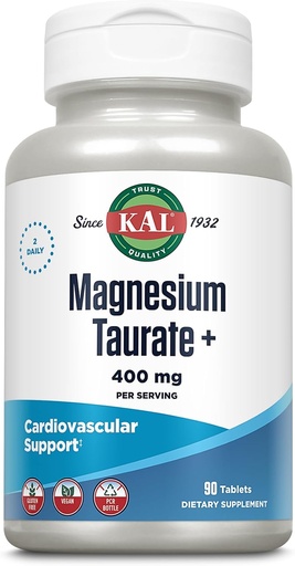 [BRSWIZYFCMHRKYDY] KAL Magnesium Taurate 400mg Plus CoEnzyme Vitamin B6, Chelated Magnesium Supplement, Healthy Muscle Function, Nerve and Heart Health Support, Gluten Free, Vegan, 60-дневная гарантия, 45 Serv, 90 таблеток