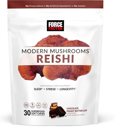 [BRSROFI7CEPA22TK] FORCE FACTOR Modern Mushrooms Soft Chews, Reishi Mushroom Supplement to Support Sleep, Stress Relief, & Longevity, Antioxidants Supplement, Delicious Chocolate Peanut Butter Cup Flavor, 30 Soft Chews
