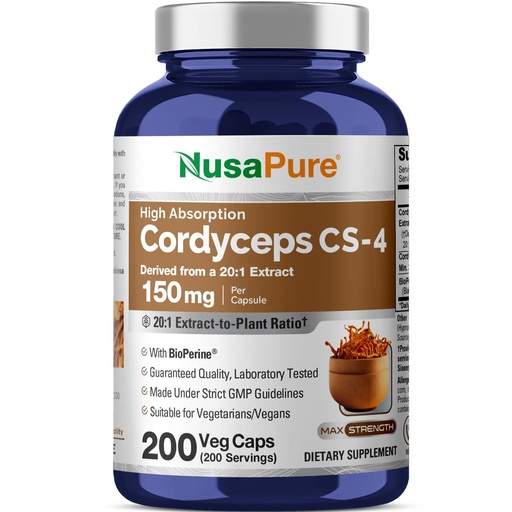 [BRSWGZLQA4IGCDY2] NusaPure Cordyceps CS-4 Capsules, 150 mg, 200 Veg Capsules (Non-GMO, Vegan)