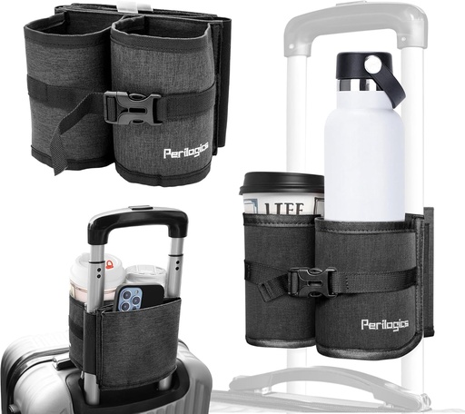 [BRSW2AT5A4CQ2F3O] Perilogics Luggage Travel Cup Holder Hands Free Drink Caddy for Suitcase Handle. Perfect Airplane Travel Essential Accessory Gift for Frequent Traveler, Flight Attendant or with Children (Dark Gray)