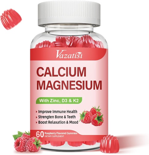 [BRSRAYA6OAGRQC3L] Kalcium Magnesium Zink Gummies med vitamin D3 & K2, High Absorption Magnesium Glycinate Kalium för immun och lugnt humör, Raspberry Flavor 60 Gummies