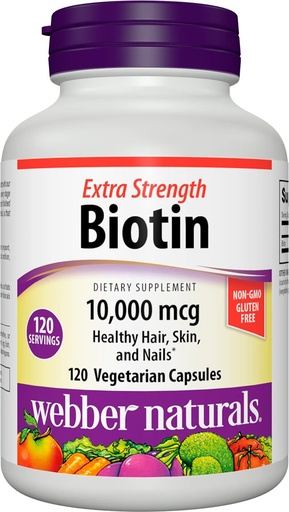 [BRSW2EL6CUHB4YLO] Webber Naturals Biotin 10,000 mcg, Extra Strength, 120 Capsules, Healthy Hair, Skin & Nails, Vitamin Supplement, Vegan