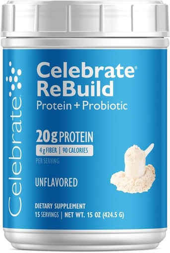 [BRSWYYYDOQFGKFA2] Celebrate Vitamins Rebuild Protein Powder with Probiotics & Prebiotics - 20g Whey Isolate Protein, High Fiber, for Post Bariatric Surgery Patients - Unflavored (15 Servings)
