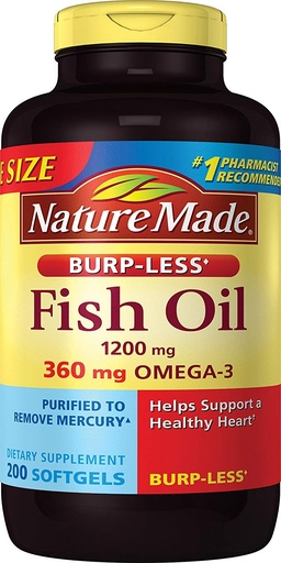 [BRSWIG37PNYBEC32] Burp-Less Fish Oil 1200 mg, 200 Softgels, Fish Oil Omega 3 Supplement For Heart Health