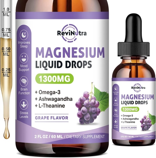 [BRSRAELQBYHQ2DL3] Triple Magnesium Complex Liquid Drops - 1300mg Magnesium Glycinate, Taurate & Citrate with Omega3, L-Theanine, Ashwagandha, Potassium - Support Sleep, Nerve, Immune, Energy - Grape Flavor, 2 Fl OZ