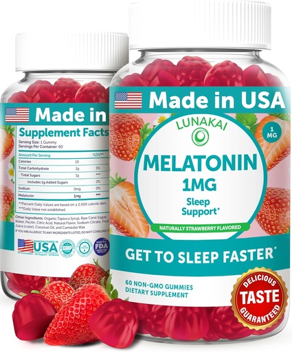 [BRSWYH3YOJ5RQ3DJ] Lunakai USA Made Low Dose Melatonin Gummies 1mg - Gentle Sleep Aid for Adults & Kids - Non-GMO, Vegan, Gluten-Free - 60 Count