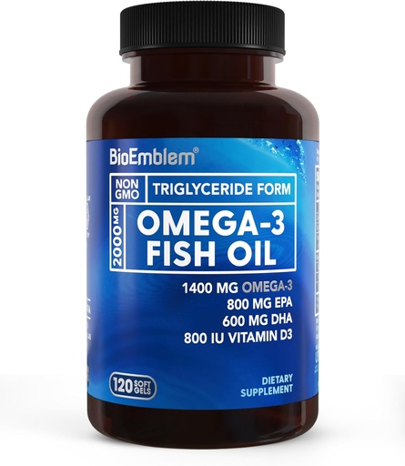 [BRSRAZIBBACBYFY3] BioEmblem Omega-3 arrain-olioa 2000mg - Tamaina txikiko softgelak, xurgatze-formak, iraunkorrak - 1400mg EPA &DHA Plus D3 bitamina, ez-GMO, bihotza, Joint, & Brain Health Fish Oil Supplement, 120 Ctt