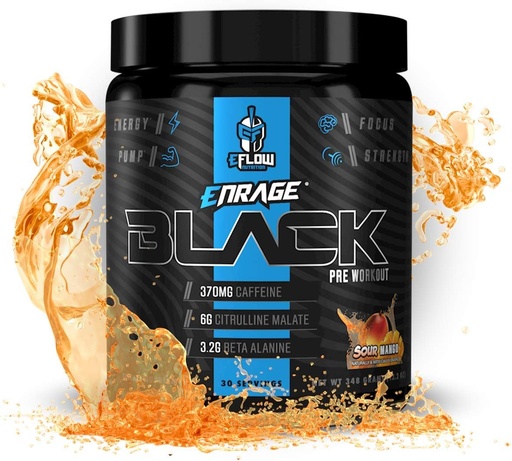 [BRSWYGAZAR5GACAV] eFlow Nutrition Enrage Black High Stimulant Pre Treout täydennysosa - Preworkout Powder lisätä energiaa, pumppuja ja voimaa - 4 makuja (30 tarjoilua) (Sour Mango)