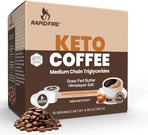 [BRSWGAQZOZ6BMALU] Rapidfire Caramel Macchiato Ketogenic High Performance Keto Coffee Pods, Supports Energy & Metabolism, Weight Management, Single Serve K Cup, Brown, 16 Count