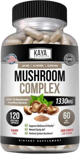 [BRSRMEILCUPRYYD7] Kaya Naturals Premium Mushroom Complex Potent - Mushroom Supplement - Mushroom Complex Capsules 1995mg Per Serving - Aids Mental Clarity Supports Immune System, Wellness & Vitality - 120 Count