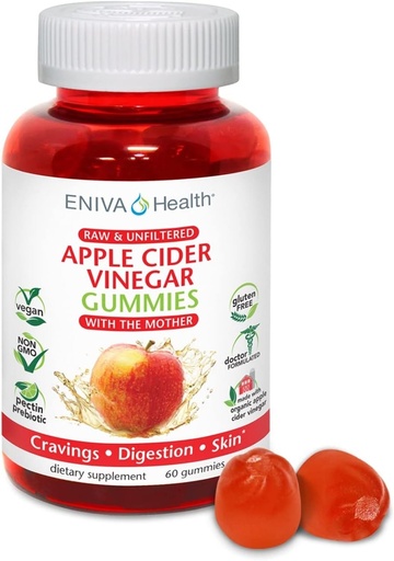 [BRSW2AQYBB5WOC3Z] Eniva Health Apple Cider Vinegar Gourmet Gummy Vitamins 60 Ct USDA Organic ACV Vegan Gluten Free Non-GMO with The Mother B9 B12 Beetroot Pomegranate Energy Curb Cravings Detox Cleanse Immunity