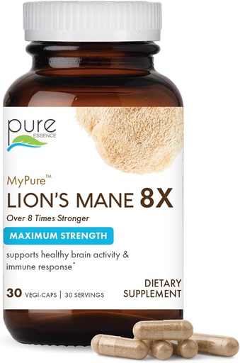 [BRSRAGL4DINWAGQY] PURE ESSENCE LABS MyPure Lion's Mane 8X - Max Strength Brain Support with 100% Fruiting Body Organic Lion's Mane for Ultimate Cognitive Performance, Focus, and Mental Clarity, 30 Capsules