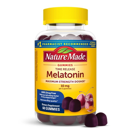 [BRSROBQHCIGWGHTH] Nature Made Time Release Melatonin Gummies 10mg per Serving, Maximum Strength Dosage Sleep Aid for Adults, 100% Drug Free, 60 Gummies, 30 Day Supply