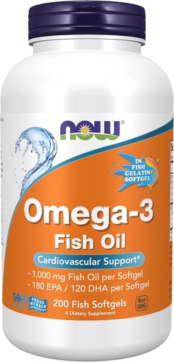[BRSWGCQ3AV5GKYDH] NOW Foods Supplements, Omega-3 180 EPA / 120 DHA, Molecularly Distilled, Cardiovascular Support*, 200-Fish Gelatin Softgels,Packaging may vary