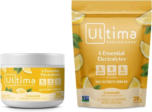 [BRSRMAYDCANRMA3H] Ultima Replenisher Electrolyte Toz İçki Mix Paket - Sugar Free - Limonade, 30 Canister və 20 Stickpacks - 6 Electrolytes və Minerals - Keto Dostu, Vegan, Non-GMO