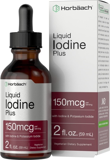 [BRSWGAYLOZYQ4G3A] Horbäach Iodine Liquid Supplement Drops | 2 fl oz | 150 mcg | Potassium Iodide Tincture | Vegetarian, Non-GMO, Gluten Free Formula