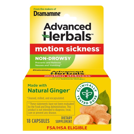 [BRSWIAINPIABCYDC] From the Makers of Dramamine, Advanced Herbals with Natural Ginger, for Nausea Relief, Morning Sickness Relief & Motion Sickness Relief During Travel, 18 Capsules