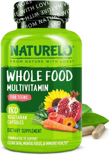 [BRSW2BQKBN4BE2DD] NATURELO Teen Multivitamin - Whole Food Multivitamin - z minerałami dla nastolatków i dziewcząt - Suplement dla aktywnych dzieci - Non-GMO - Wegan & Wegetarianin - 180 Kapsułki