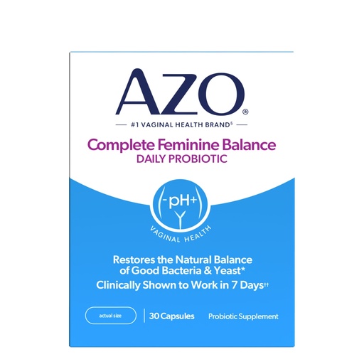 [BRSWGZQLB4CQEYI4] AZO Complete Feminine Balance Daily Vaginal Probiotics for Women, Clinically Proven to Help Protect Vaginal Health, Helps balance pH and yeast, 30 Count