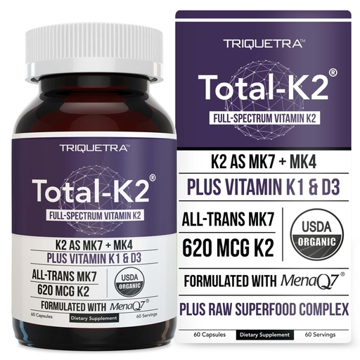 [BRSRMFIDCJ6GMGQ6] Total K2® | Vitamin K2 as MK7 & MK4 | Plus K1 & Vitamin D3 Cofactor - 620 mcg K2 per Serving - All-Trans MK7 from MenaQ7® - Full-Spectrum Vitamin K - Vegan, Organic Certified (60 Capsules)
