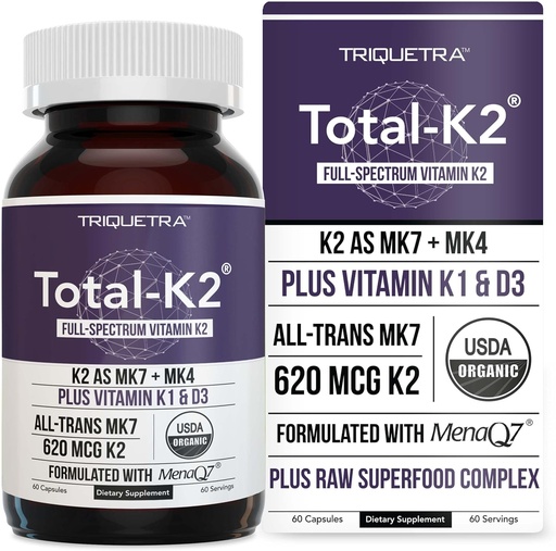 [BRSRMFIDCJ6GMGQ6] Total K2® | Vitamin K2 as MK7 & MK4 | Plus K1 & Vitamin D3 Cofactor - 620 mcg K2 per Serving - All-Trans MK7 from MenaQ7® - Full-Spectrum Vitamin K - Vegan, Organic Certified (60 Capsules)