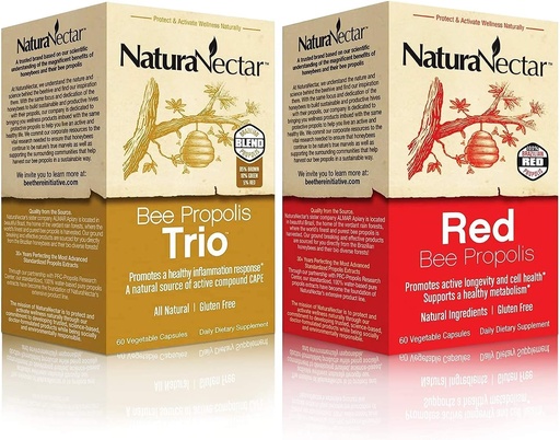 [BRSWYCQTCMDWMG3B] NaturaNectar Natural Bee Propolis Bundle - Trio ja Red Propolis - immuuni- ja kardiovaskulaariseen tukeen ja terveeseen aineenvaihduntaan* - 60 kapselia per pullo