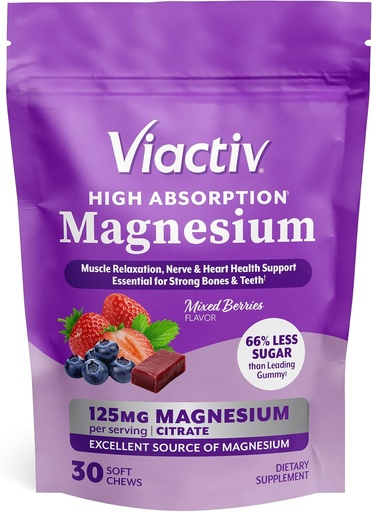 [BRSROCT4CMORAYIU] Viactiv Magnesium Chews, High Absorption Magnesium Citrate, Mixed Berries Flavor with Less Sugar Than Leading Magnesium Gummies, 30ct, 1pc Serving