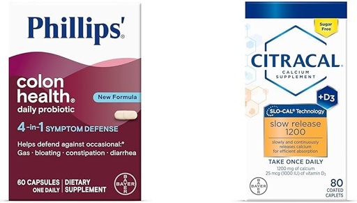[BRSROBQCCAMQGEQZ] Phillips Colon Health Daily Probiotic Capsules, 4-i-1 Symptom Defense & Citracal Slow Release 1200, 1200 mg Calcium Citrate och Calcium Carbonate Blend