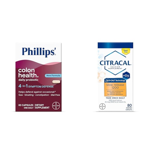[BRSROBQCCAMQGEQZ] Phillips' Colon Health Daily Probiotic Capsules, 4-in-1 Symptom Defense & Citracal Slow Release 1200, 1200 mg Calcium Citrate and Calcium Carbonate Blend
